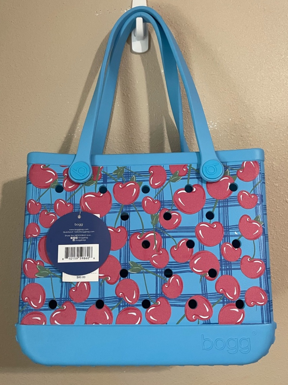 NWT Bogg Bag Baby Tote Cherry Print Blue Waterproof Beach Bag Limited Edition